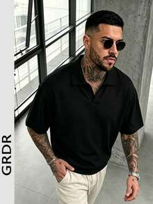 GRDR 男士极简主义飞机领短袖T恤，休闲通勤装 - 黑色 - 查看 3