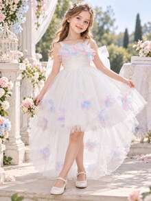 Young Girls Spaghetti Strap 3D Colorful Flower Bow Mesh Luxurious Long Train Flower Girl Dress, Suitable For Runway And Party, Headband Not Included - White - View 2