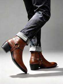 New Men's High Heel Leather Boots, Retro Western Cowboy Boots With Metal Buckle Strap And Side Zipper, Elevated Formal Boots, British Style - Brown - View 13