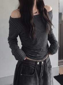 Striped Asymmetric Collar Slim Fit T-Shirt - Black and Gray - View 5