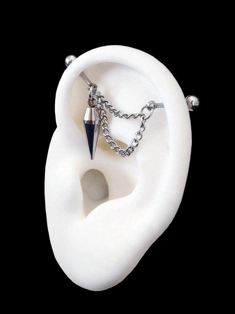 1Pc Double Chain Cone Pendant Floating Industrial Piercing Barbell Stainless Steel Earring Helix Piercing Ear Piercing Ear Stack Body Jewelry - Silver - View 1