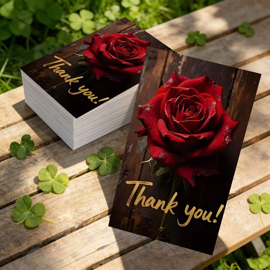 20/50Pcs Red Rose Thank You Cards, Vintage Wooden Background Greeting Cards, Blank Inside Appreciation Note Cards For Wedding, Party, Business - Sets - View 1