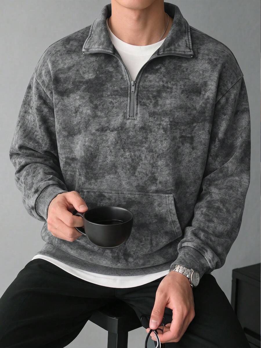 Men's Stand Collar Fashion Half-Zip Warm Outerwear Pullover Sweatshirt With Large Pockets - Grey - View 1