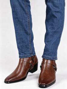New Men's High Heel Leather Boots, Retro Western Cowboy Boots With Metal Buckle Strap And Side Zipper, Elevated Formal Boots, British Style - Brown - View 14