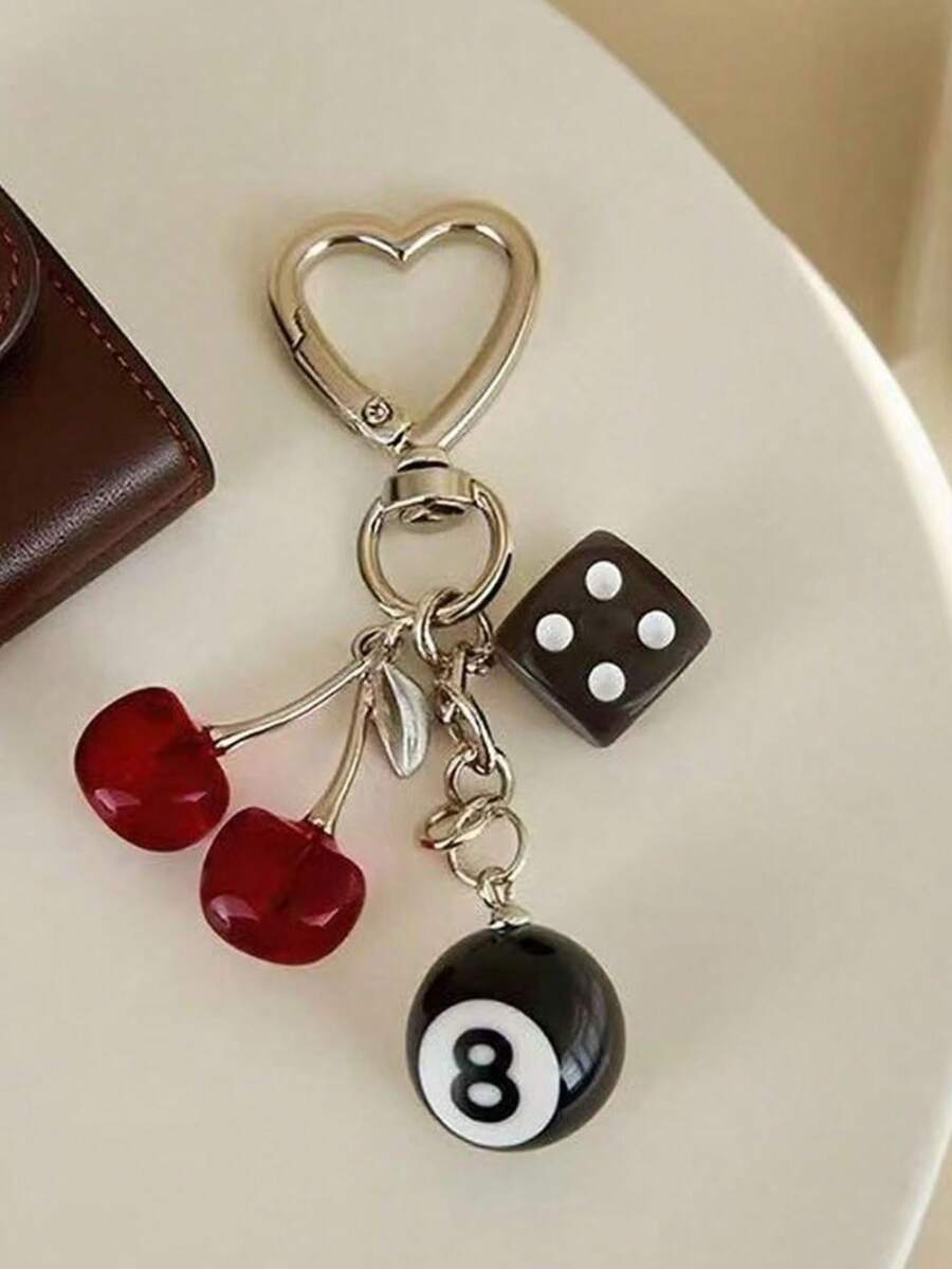 1/2pcs Cherry Dice Keychain Charm For Women & Men, Y2K Billiard Ball Pendant For Backpack Bag, Cute Heart Clasp Key Ring For Car Gift - Multicolor - View 1