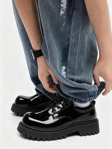 Men's Black Shiny Leather Thick Sole Round Toe Lace-Up Height-Increasing Casual Work Shoes, Plus Size 37-46 - Black - View 6