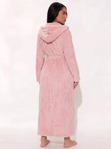 Autumn/Winter Flannel Embroidered Heart Print Long Robe, Sweet Romantic Tie-Waist Bathrobe Loungewear For Women - Pink - View 4