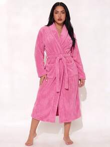 1pc Women's Solid Color Minimalist Elegant Plush Robe, Warm And Comfortable, Suitable For Home And Bath, Autumn/Winter - Hot Pink - View 2