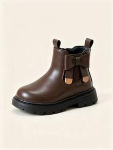 Girls' Brown Bow Chelsea Boots, Thick Sole Anti-Slip Soft Leather Side Zipper Ankle Boots For Autumn/Winter - Brown - View 3
