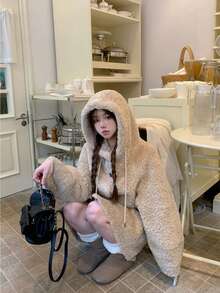 [Y6Y]Women's Lamb Fleece Mid-Length Hooded Button Coat, Winter Daily Warm Elegant Overcoat - Apricot - View 7