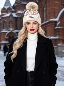 1pc Women's Autumn Winter Leopard Print Knit Beanie, Rolled Cuff Pom Pom Design Hatless Cap Halloween /Christmas - Multicolor - View 5