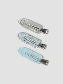 6/3pcs Cute Sweet Style Blue Seamless Alligator Hair Clips Gentle Girly Floral Polka Dot Side Bang Clips Rhinestone Bow Hair Clips For Women, - Multicolor - View 9