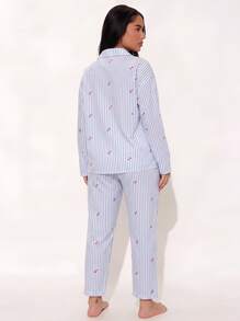 2pcs Women Loose Comfortable Breathable Long Sleeve Top And Long Pants Pajama Set - Blue - View 6