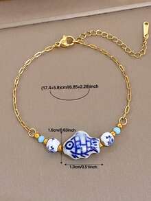 1Pc Hand-Painted Blue And White Ceramic Fish Bracelet, Gold Stainless Steel Chain, Boho Vacation Jewelry,Daily/Party,Christmas Birthday Gift/Halloween - Multicolor - View 4