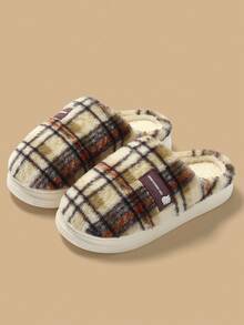 Vintage Plaid Men's Winter Plush Slippers, Comfortable Warm Unisex Indoor Slippers - Purple - View 3