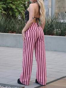 Women's Casual Pink Striped Denim Jeans, Long Straight Leg Pants - Pink - View 2