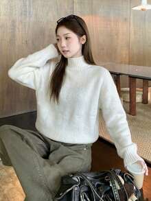 Women's Winter High Neck Ribbed Knit Pullover Sweater, Loose Long Sleeve High Elastic Warm Top, Suitable For Autumn/Winter Wear - White - View 3