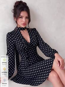 SUNSTORY Women's Autumn Black With White Polka Dot Halter V-Neck Long Sleeve Cinched Waist Flared Short Dress, Suitable For Commuting, Party, Christmas, Daily Outfits - Black - View 2