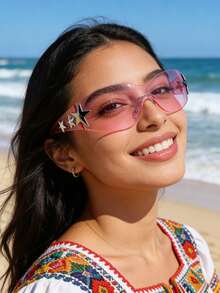 1 Pair Large Frame Multi-Color Y2K Women's Fashion Glasses, Sports, Bohemian Style, Suitable For Summer Parties And Travel, - 2 Star Powder Frame Powder Sheet - View 6