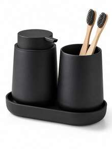 Set Aksesori Kamar Mandi 3 Buah, Dispenser Sabun, Tempat Sikat Gigi, Baki, Gaya Minimalis Modern, Cocok untuk Penyimpanan, Pengorganisasian, dan Dekorasi di Atas Meja Kamar Mandi - Hitam - View 1