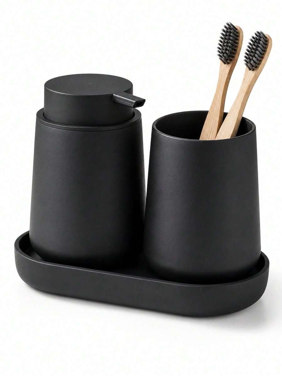 Set Aksesori Kamar Mandi 3 Buah, Dispenser Sabun, Tempat Sikat Gigi, Baki, Gaya Minimalis Modern, Cocok untuk Penyimpanan, Pengorganisasian, dan Dekorasi di Atas Meja Kamar Mandi - Hitam - View 1