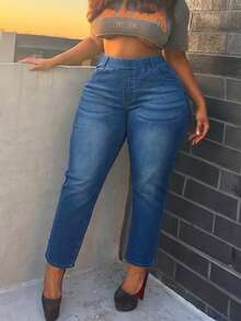 Women's Plus Size Casual Daily Travel Denim Jeans With Pockets - Blue - View 1
