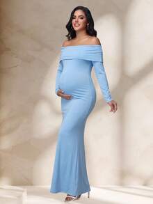 JustVH Maternity Sexy Fitted Long Sleeve Backless Twist Dress, Elegant Party Evening Gown For Maternity Photography - Baby Blue - View 4