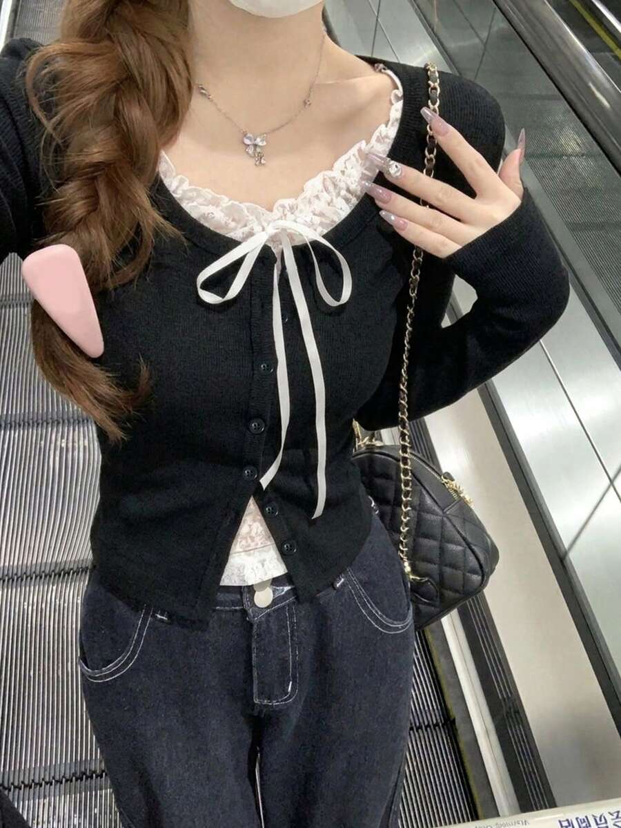 秋冬極簡性感蕾絲拼接鈕扣修身 2合1長袖打底 T-shirt 上衣 - 黑色 - 查看 1