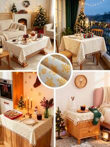 1pc Christmas Tablecloth, Christmas Gold Foil Bell Design, Rectangular Tablecloth, Beige Tassel Decoration, Coffee Table, Bedside Table, Cabinet, Small Table Cover, Tabletop Decor, Holiday, Party Decoration, Suitable For Kitchen, Dining Room, Gathering, Dining, Holiday, Party, New Year Decoration, Christmas Decoration, Gift, Merry Christmas - Yellow - View 2