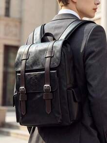 Men's Vintage Leather Backpack, Casual Business Travel Rucksack With Multiple Pockets, Classic Waterproof School Bag For Men, Professional, Laptop - Black - View 6