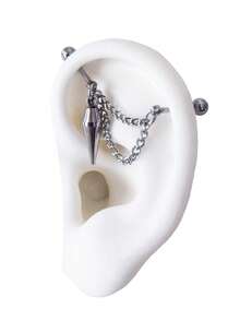 1Pc Double Chain Cone Pendant Floating Industrial Piercing Barbell Stainless Steel Earring Helix Piercing Ear Piercing Ear Stack Body Jewelry - Silver - View 3