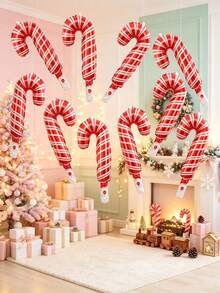 10pcs Mini Red & White Striped Candy Cane Shaped Foil Balloons For Valentine's Day, Christmas Party, Gathering Decoration - View 1