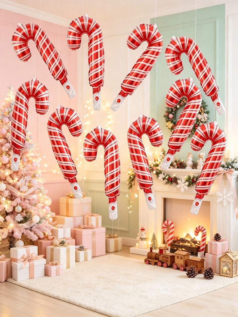 10pcs Mini Red & White Striped Candy Cane Shaped Foil Balloons For Valentine's Day, Christmas Party, Gathering Decoration - View 1