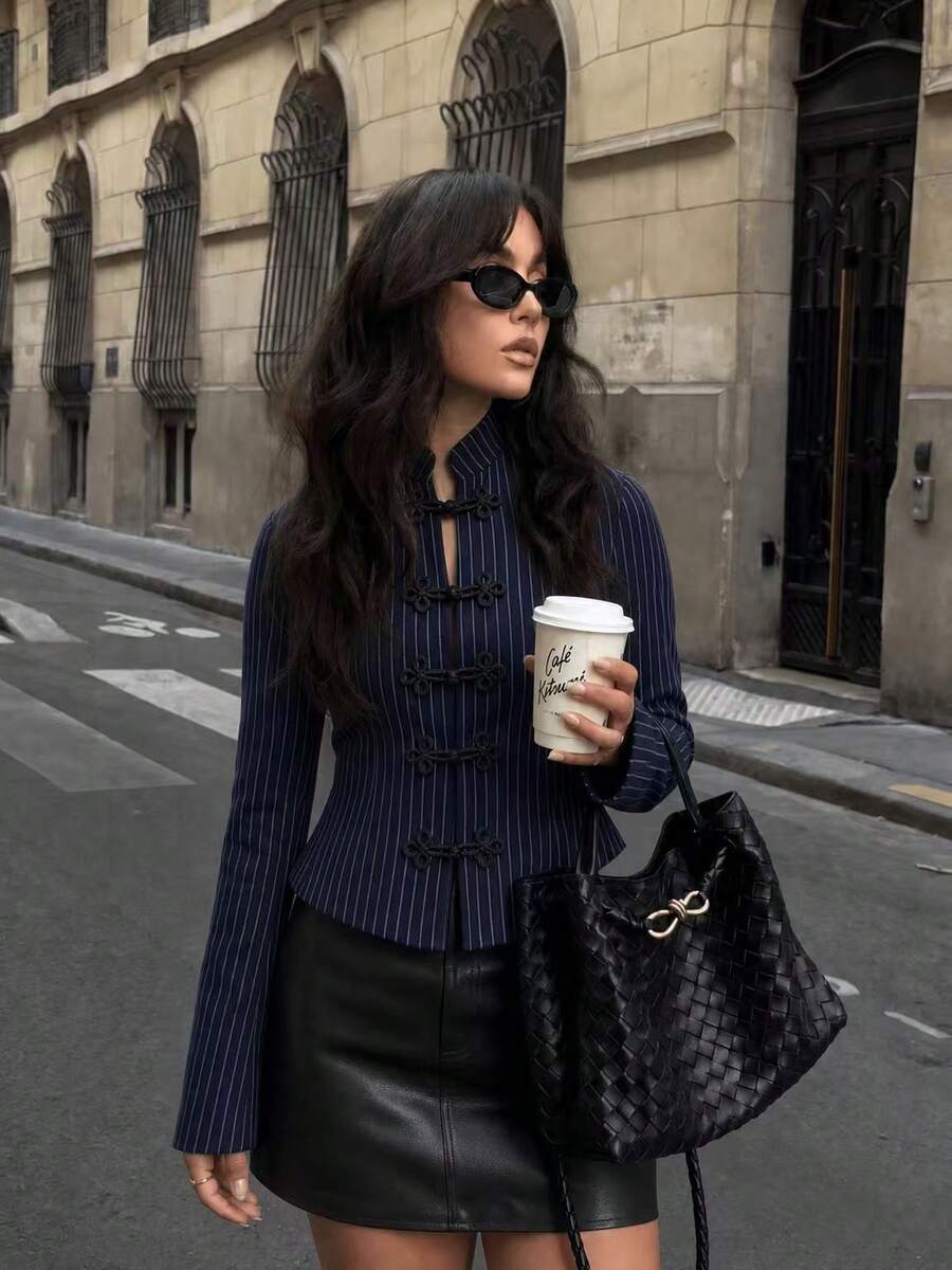 Fashionable Women's Pinstripe Regular Sleeve Stand Collar Blouse, Button Front Detail Long Sleeve Top In Non-Stretch Woven Fabric - Blue - View 1