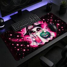 1pc Pink Halloween Ghost Witch Hat & Pumpkin Print Extended Mouse Pad, Shiny Galaxy Bat Keyboard Desk Mat, Cute Gothic Style Desktop Decor - View 4