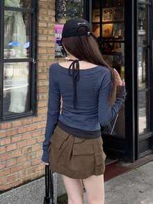 Women's Autumn Korean-Japanese Style Colorblock 2 In 1 Striped Halter V-Neck Slim Fit Long Sleeve Base Layer T-Shirt Top - Blue-grey Stripes - View 7