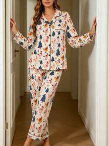 2pcs Women's Long Sleeve Pajama Set, Christmas Cartoon Chicken Family Pattern, Gift 2-Piece Set, Lapel Button Long Sleeve, Loose Elastic Long Pants, Suitable For All Seasons, Home Wear, Outdoor Wear, Comfortable And Loose, New Full Print Pattern - Apricot - View 3