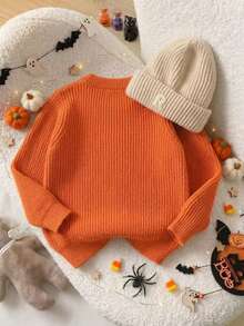 Boys Cute Solid Color Ghost Embroidered Knit Pullover Sweater Long Sleeve Suitable For School Daily Wear Spring Autumn Winter - Orange - View 3