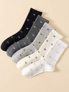 5 Pairs Women's Ankle Socks, White And Black Bow Mid-Calf Socks, Suitable For All Seasons Home Wear - Multicolor - View 7