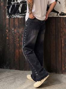 Quần jeans nam ống suông màu đen wash với đinh tán vuông trang trí hai bên, gấu sờn, dáng rộng suông phong cách Y2K punk hip hop casual streetwear - màu đen - Xem 5