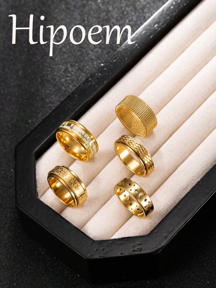 Hipoem 5pcs Fashion Stainless Steel Men's Rings Set With Mesh, ECG, Star And Moon Pattern Elements, Suitable For Daily Wear, Dating, Halloween Jewelry - Gold - View 1