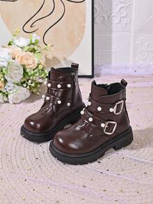 Girls' Pearl Buckle Ankle Boots With Side Zipper, Thick Sole, Anti-Slip, Vintage British Style, Fashion Casual Boots For Autumn/Winter - Brown - View 3