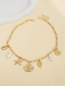1pc Summer Beach Vacation Style Shell Starfish Faux Pearl Necklace, Niche High-End Multi-Layer Stacked Collarbone Chain Jewelry - Gold 3 - View 2