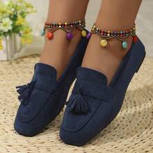 Women's Tassel Decor Solid Color Square Toe Low-Top Chunky Heel Loafers Bohemian Style Daily Outing Spring Royal Blue Suede Shoes - Blue - View 5