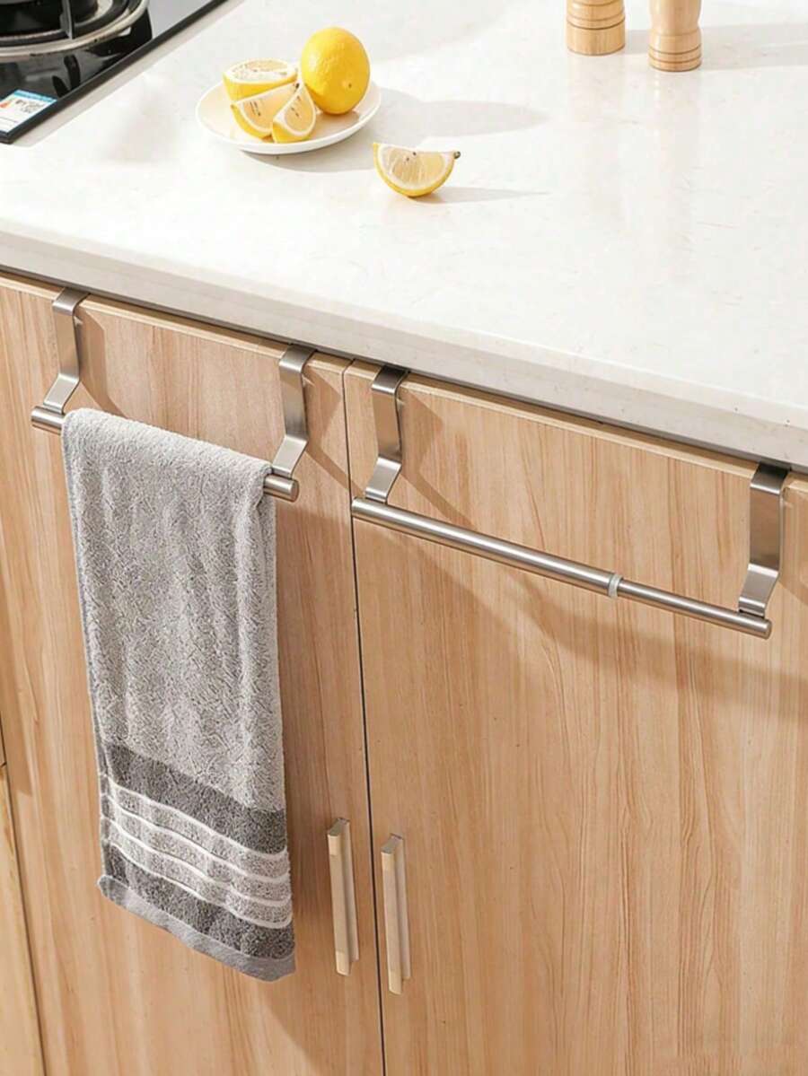 1pc Kitchen Sink Towel Rack Cabinet Door Hook, No-Drill Kitchen Cabinet Door Hanging Rack, Drawer Towel Rack, Available In Black/Silver/White - Silver - View 1