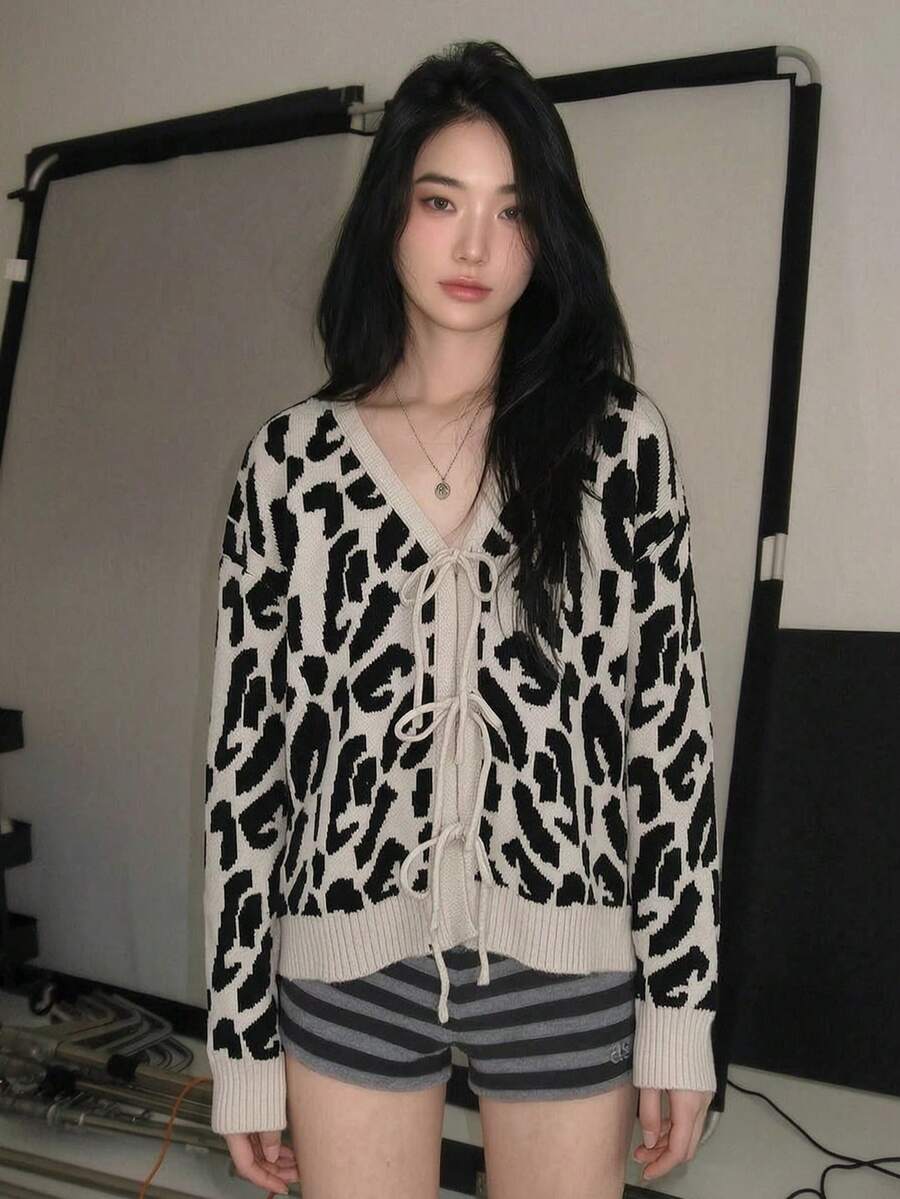 Women's Fashion Leopard Print Cardigan Long Sleeve V-Neck Tie Ribbed Knit Sweater For Look - Apricot - View 1