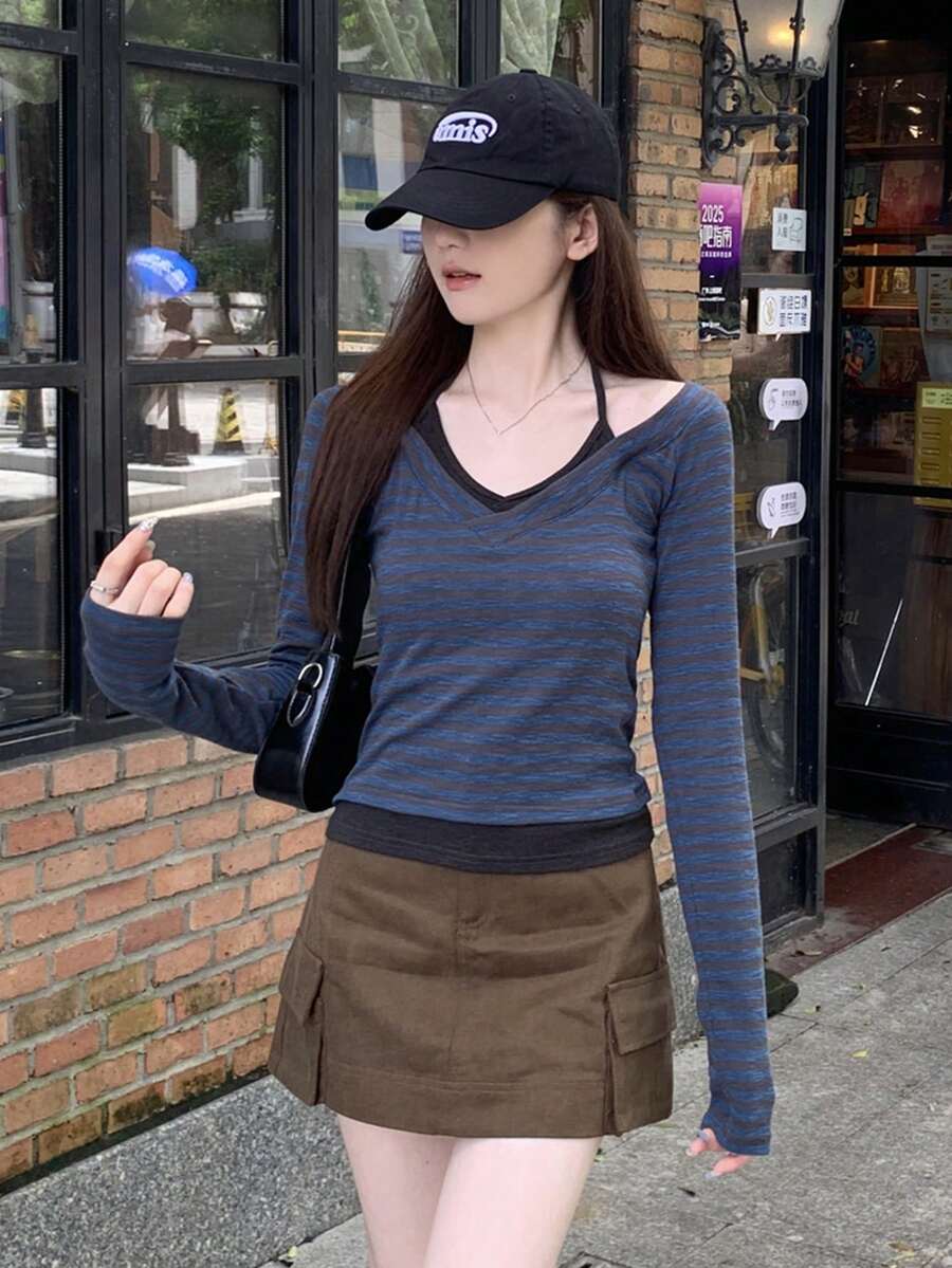 Women's Autumn Korean-Japanese Style Colorblock 2 In 1 Striped Halter V-Neck Slim Fit Long Sleeve Base Layer T-Shirt Top - Blue-grey Stripes - View 1