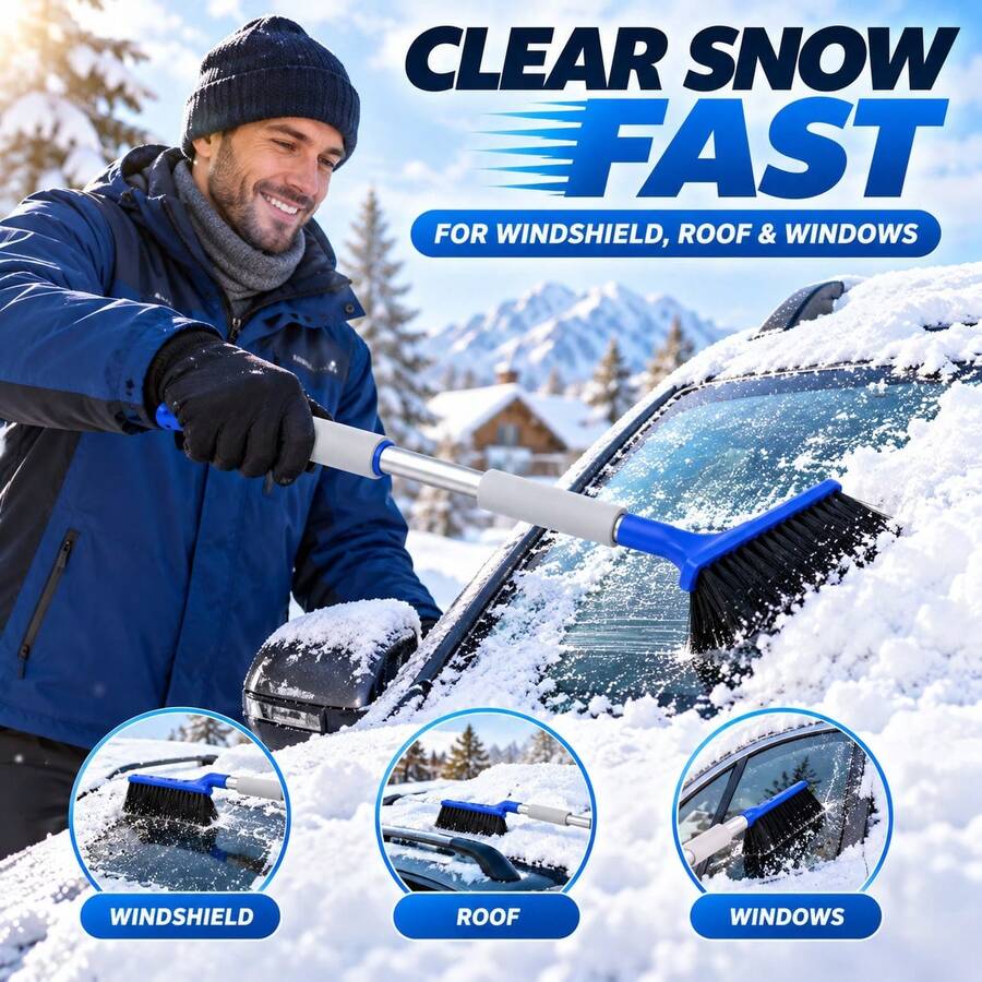 1pc 2-In-1 Car Snow Brush And Ice Scraper, 62cm Detachable Long Handle Snow Removal Tool With Dense Bristles And Foam Grip, Suitable For Car, SUV And Truck Windshield Defrosting And Snow Removal, Red/Blue Winter Car Accessory, Perfect Christmas And New Year Gift For Female Drivers