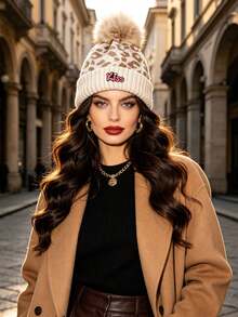 1pc Women's Autumn Winter Leopard Print Knit Beanie, Rolled Cuff Pom Pom Design Hatless Cap Halloween /Christmas - Multicolor - View 3