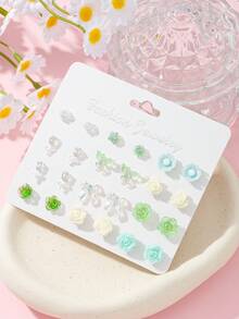 12 Pairs Women's Fashion Delicate Small Stud Earrings Set Cute Butterfly Heart Full Rhinestone Multi-Element Pattern Combination Suitable For Outings Travel Parties Multiple Occasions Valentine's Day Gift Can Be Given To Friends - Multicolor - View 1